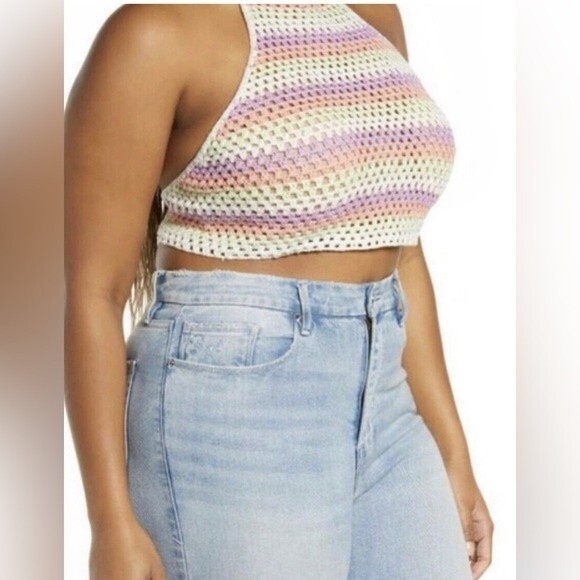 NEW Rainbow crochet Halter Top Multi Color Striped backless tie Size 3X - Picture 1 of 7